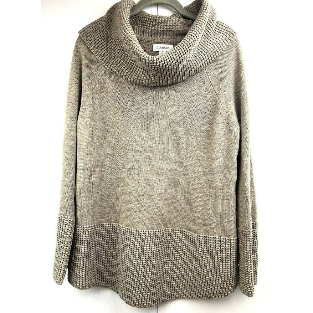 Calvin Klein Women's Sweater M Curved Hem Brown Tan Knit Stretch Pullover Turtle